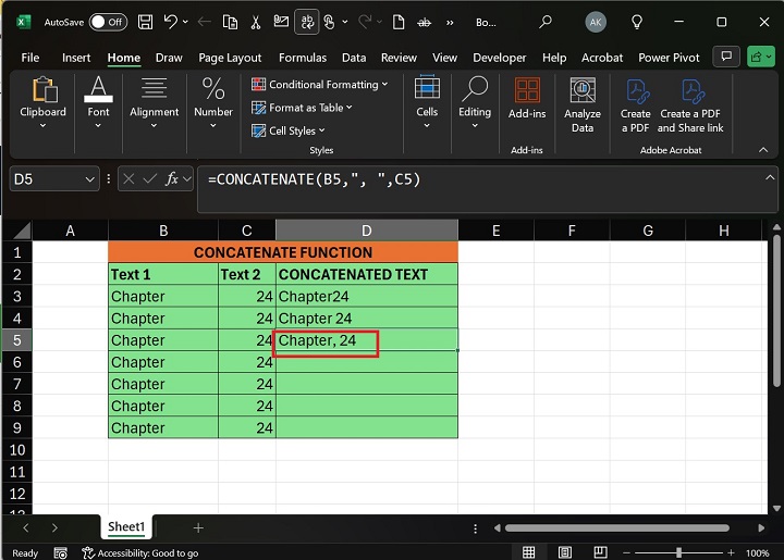 Write Formula CONCATENATE in D5 Cell Hit Enter