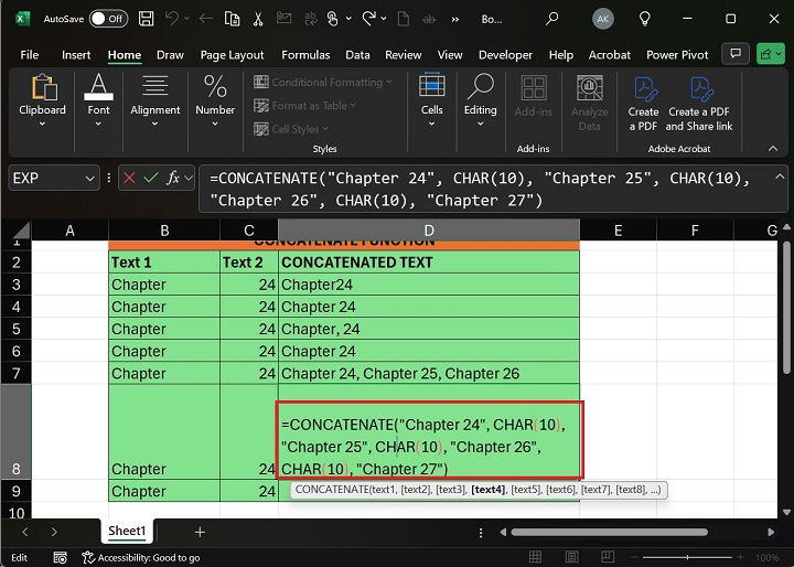 Write Formula CONCATENATE in D8 Cell