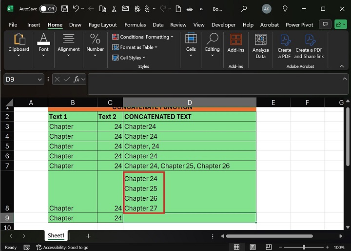 Write Formula CONCATENATE in D8 Cell Hit Enter