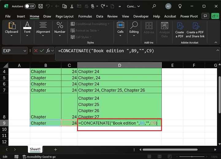 Write Formula CONCATENATE in D9 Cell