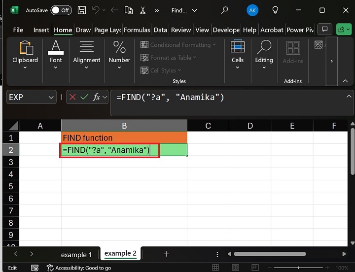 Write Formula FIND in B2 Cell