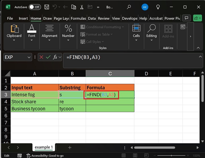 Write Formula FIND in C3 Cell