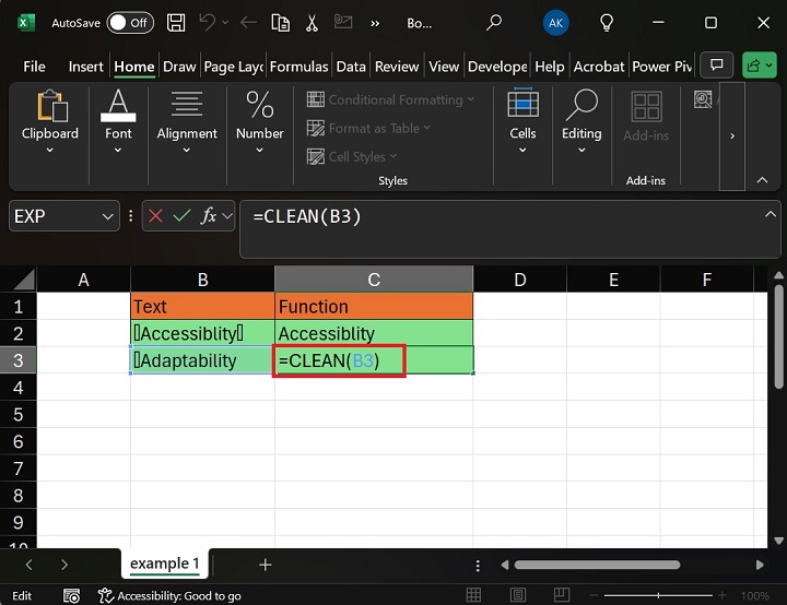 Write The Formula CLEAN in C3 Cell