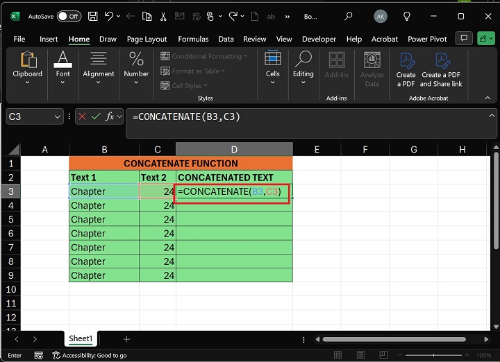 Write The Formula CONCATENATE in D3 Cell