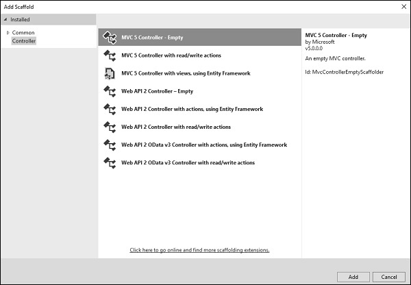 Controller Add Scaffold Dialog