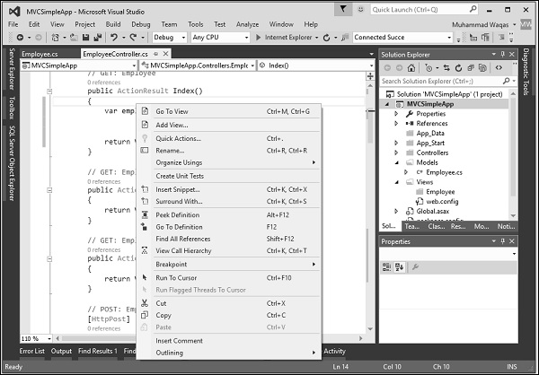 Right-click Index Action