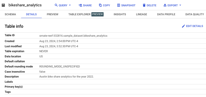 Bigquery Standard Table