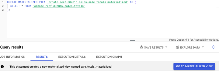 Creating a BigQuery Materialized View