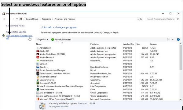 Windows Features Option