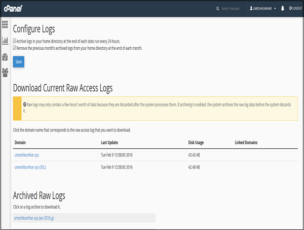 cPanel Configure Logs