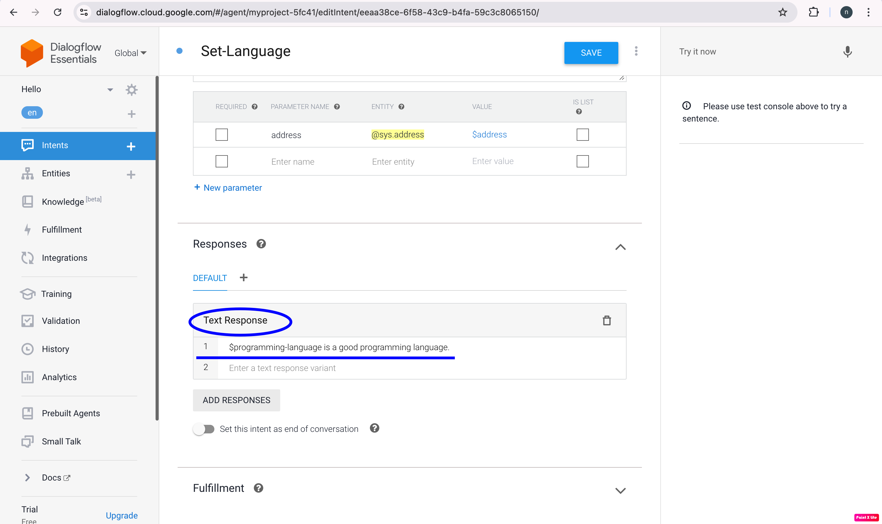 Dialogflow Add Test Response