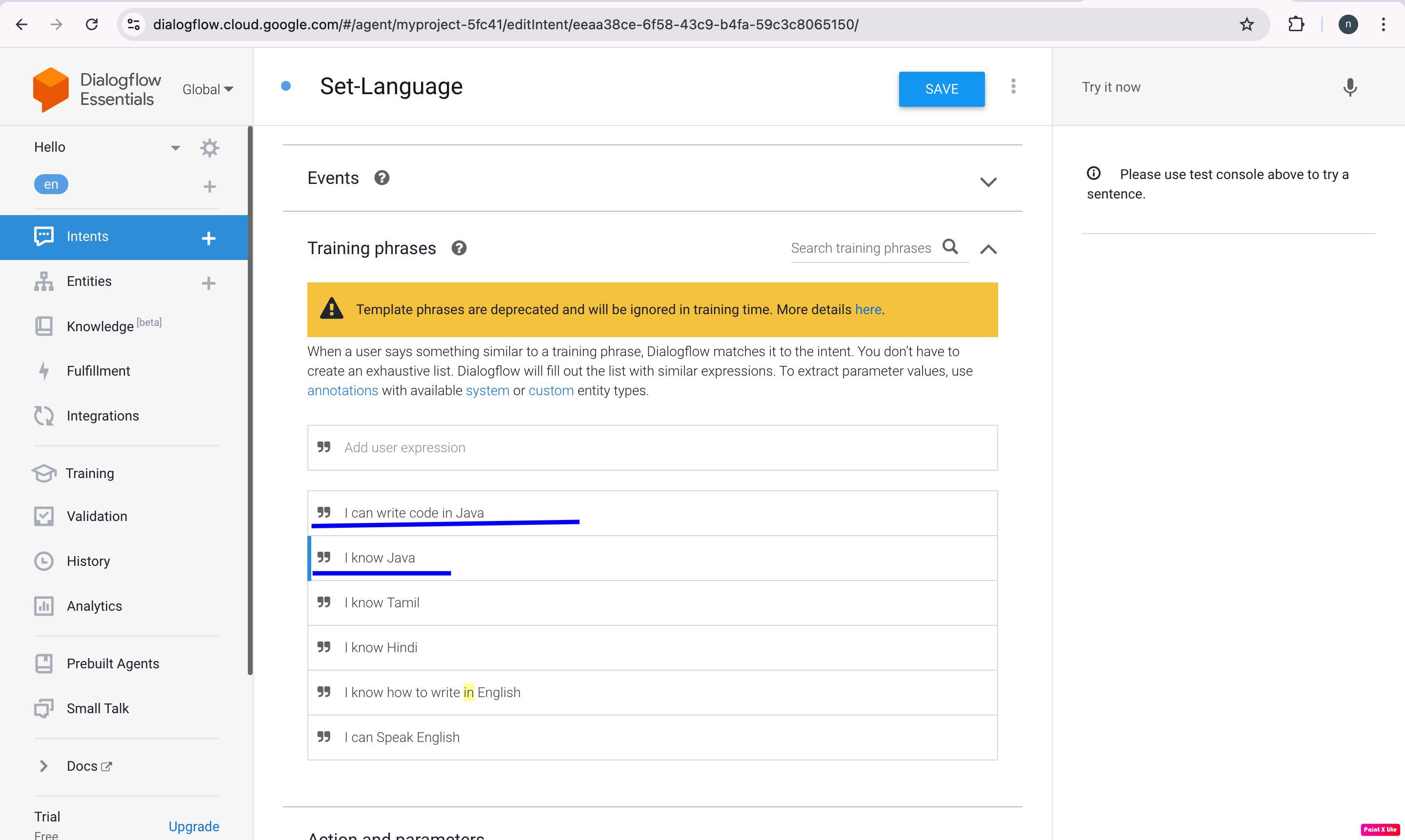 Dialogflow Intent