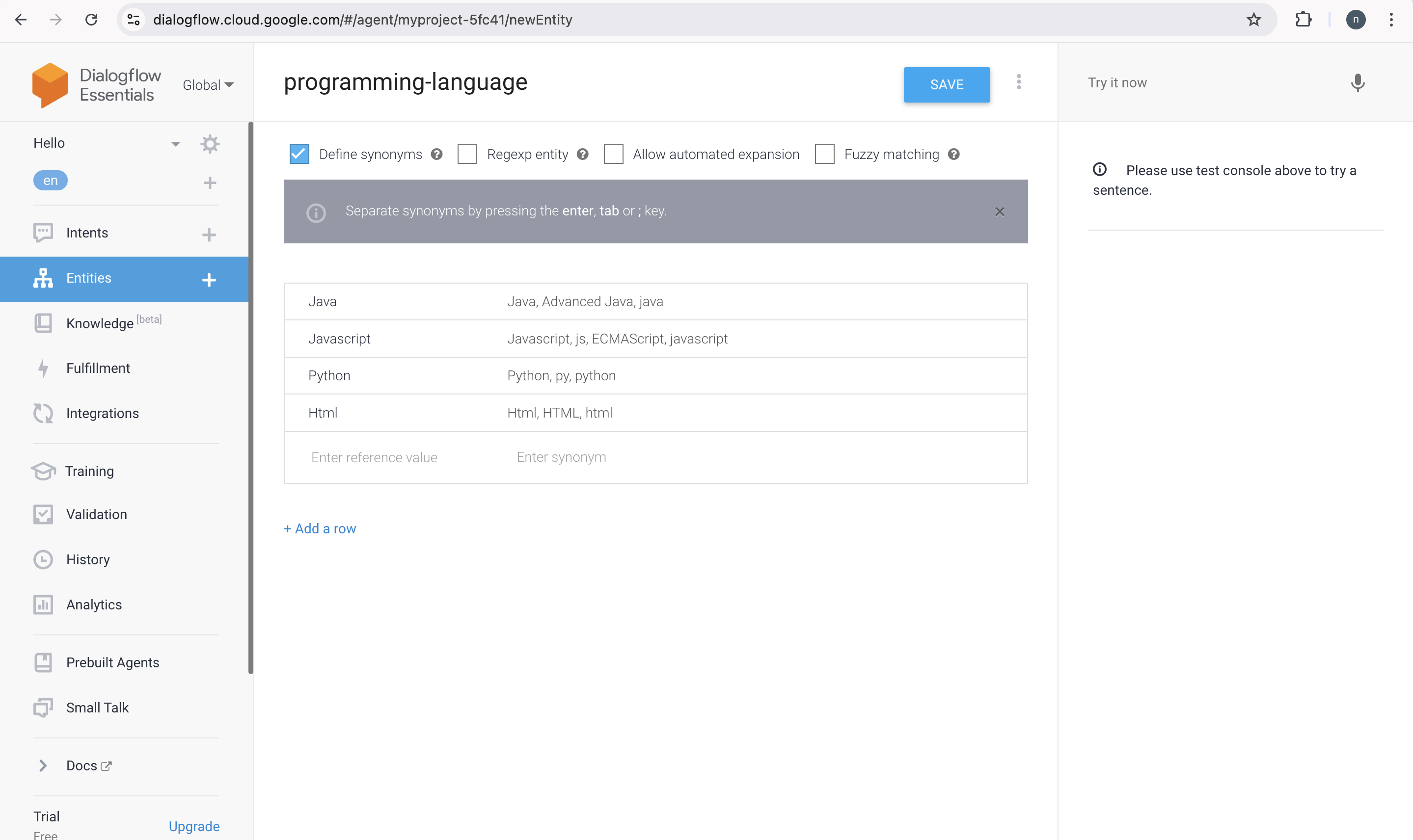 Dialogflow Entity Entries