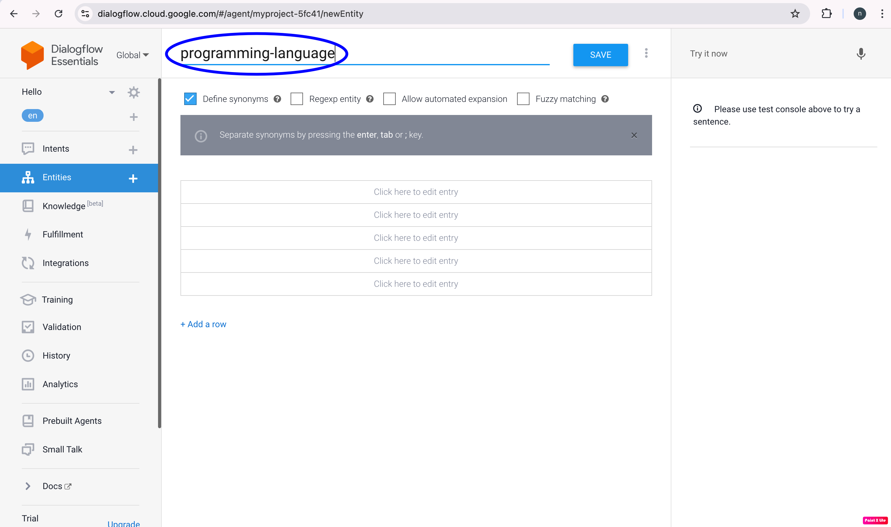 Dialogflow Entities Name