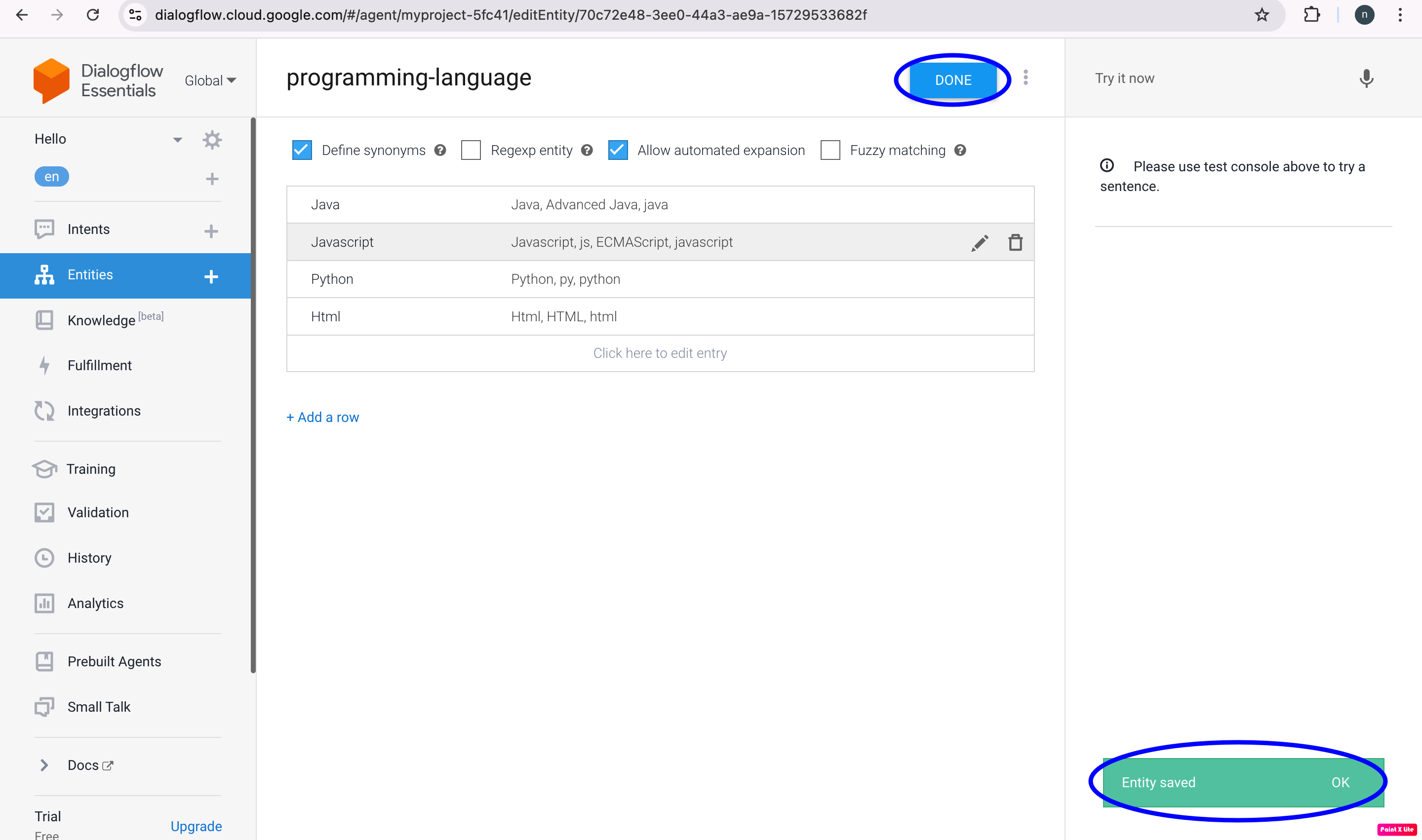 Dialogflow Entity