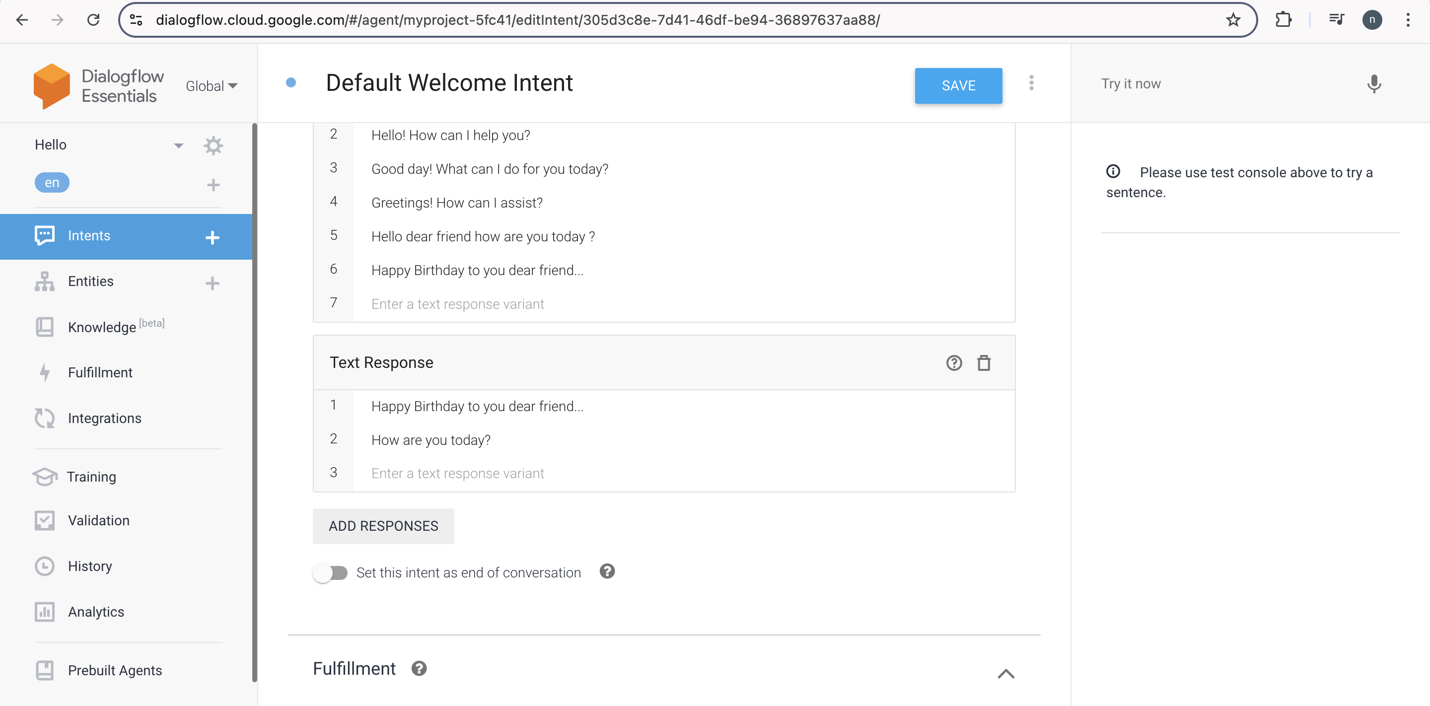 Dialogflow Save Intent