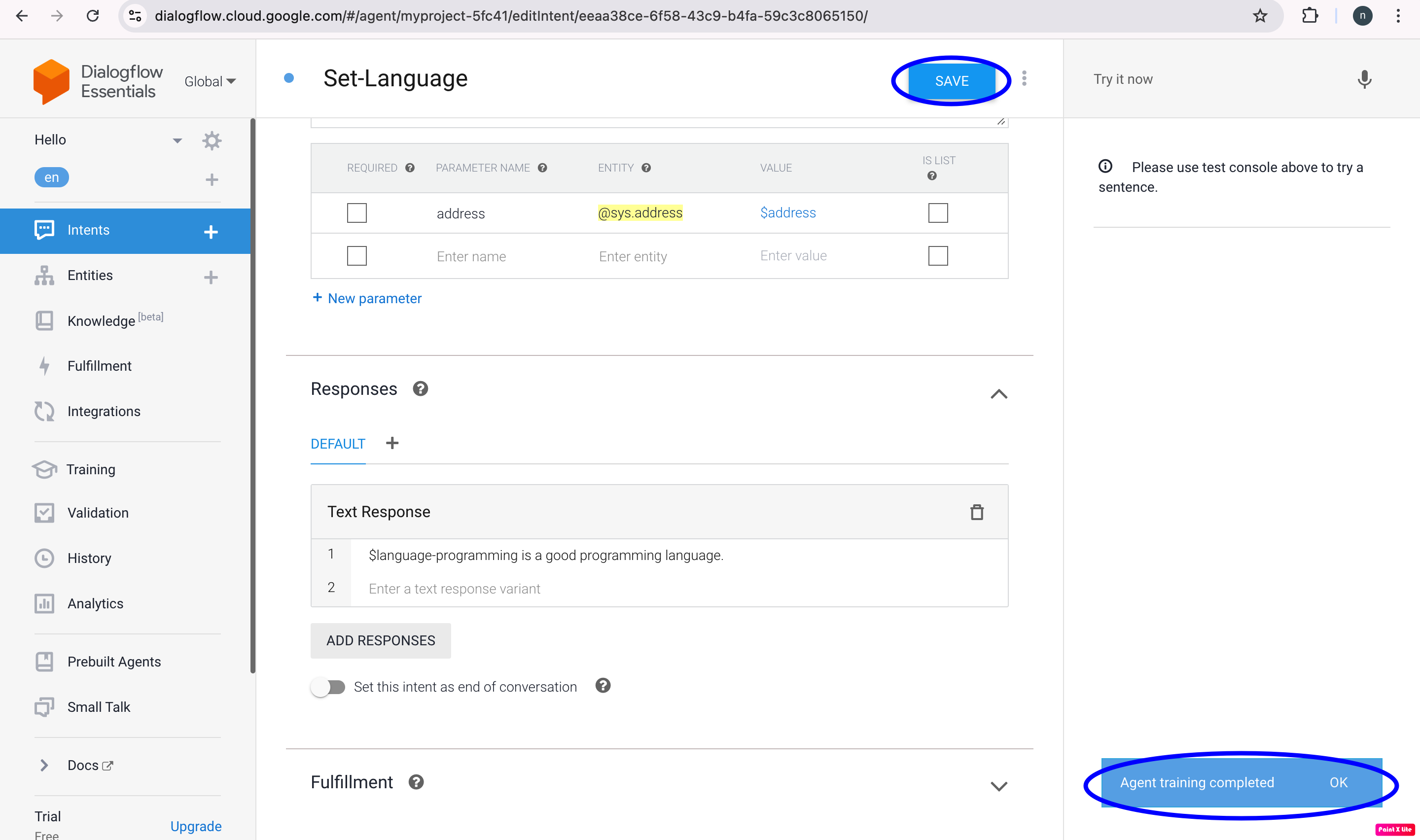 Dialogflow Use your new entity