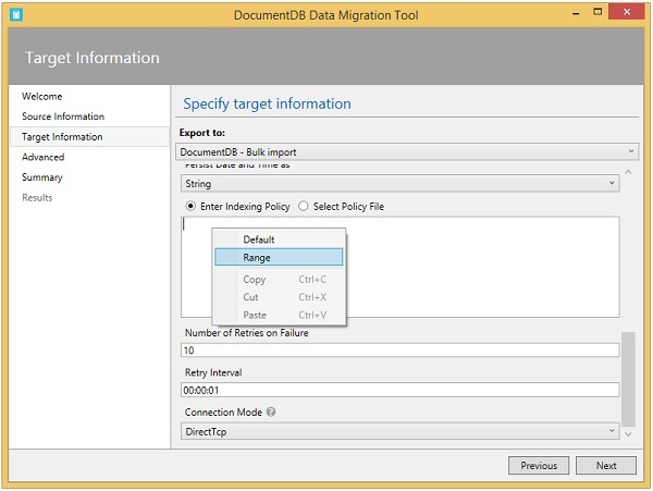 specify indexing policy