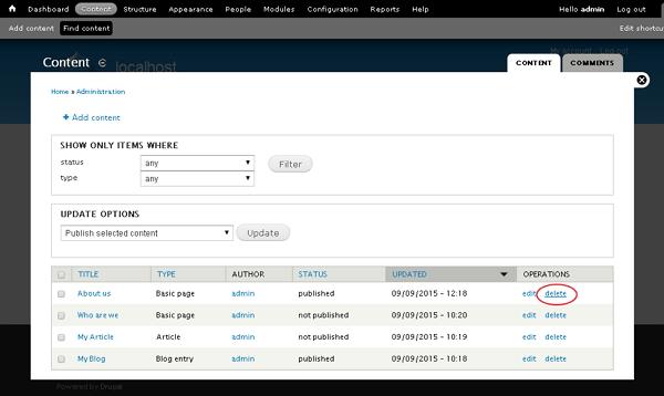 drupal delete content