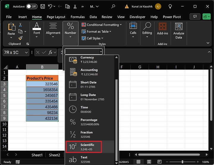 Choose Scientific Option From Number Format drop-down