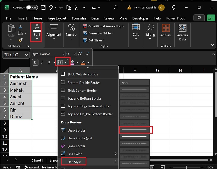 Double Line border Style in Excel Worksheet