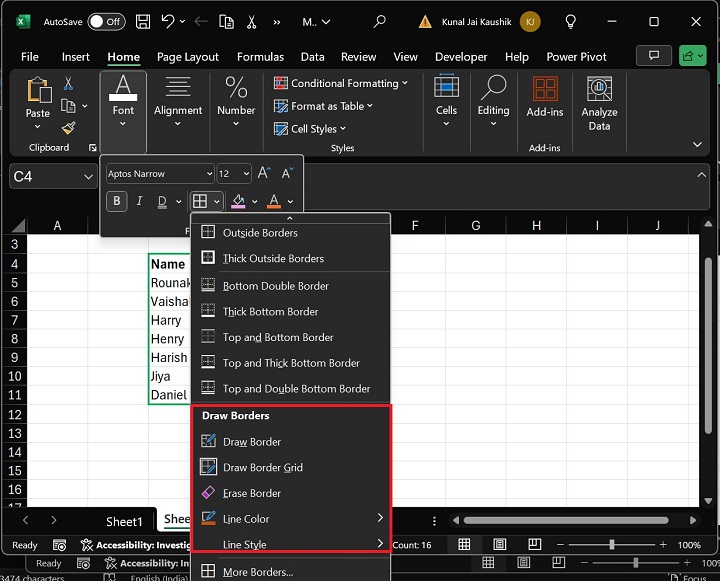 Draw Borders in Excel