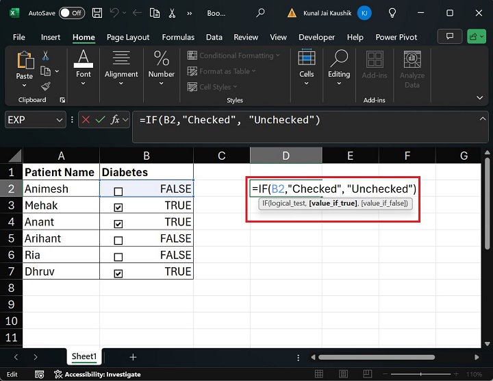 Excel Checkbox Formula