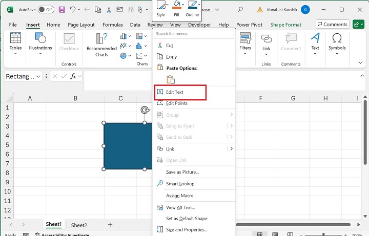 How to add a text string to a Shape in Microsoft Excel