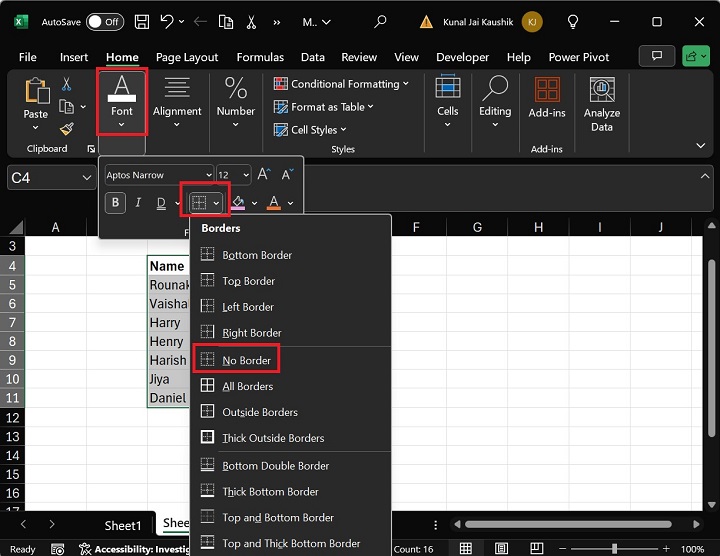 How to remove the borders in Microsoft Excel