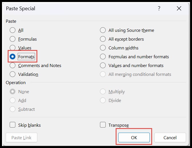 Keyword Shortcut for Pasting Formatting to Another Cell