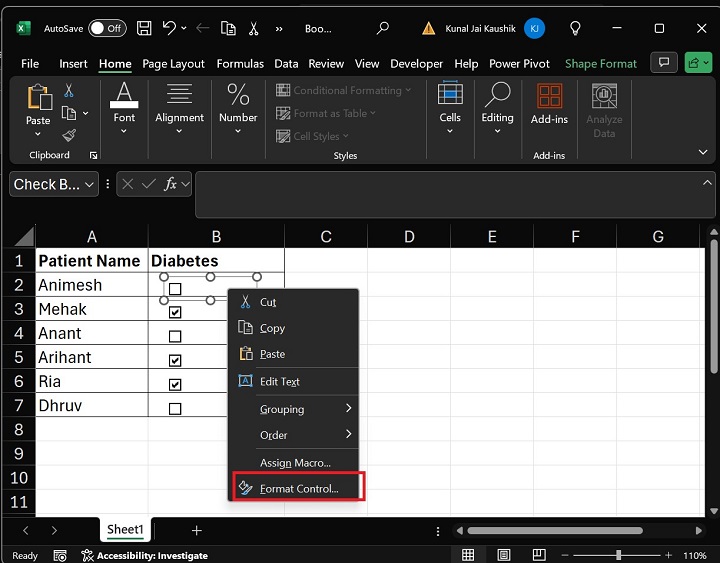 Linking a Checkbox to the Adjacent Cell