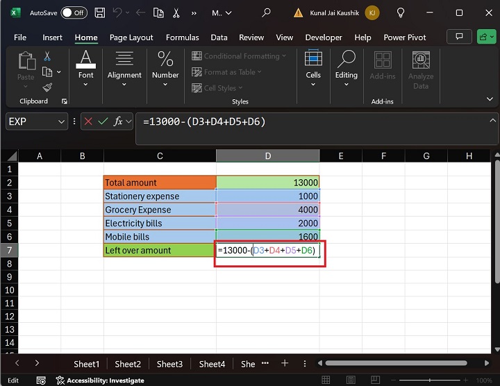 Subtraction Microsoft Excel