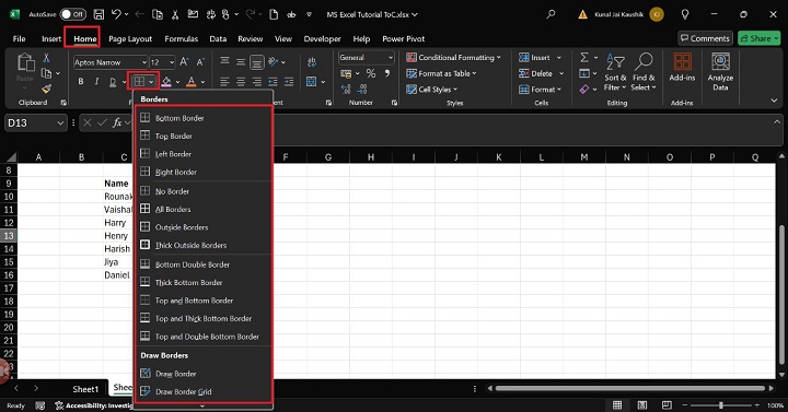 Where is all borders format in Excel