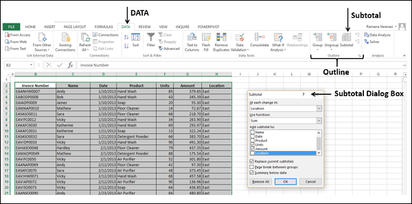 Subtotal Dialog Box