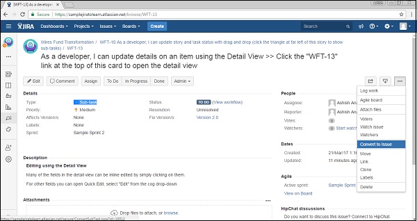 Convert a subtask to an issue
