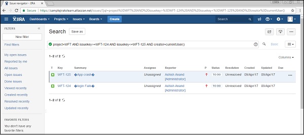 Newly created issues using the CSV file