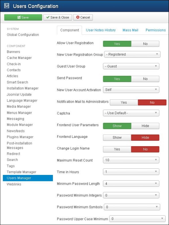 Joomla User Settings