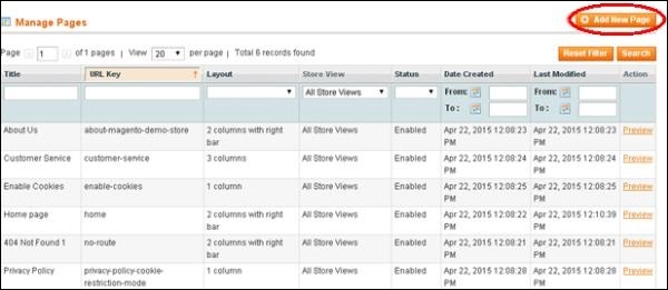 Magento Setup New Pages