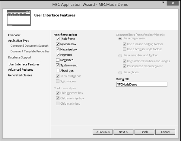 MFCModalDemo Application Options