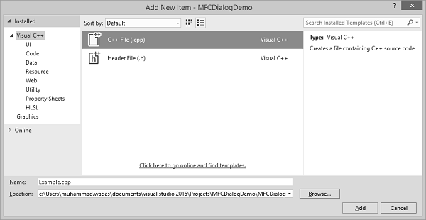 MFCWindowDemo Add New Item