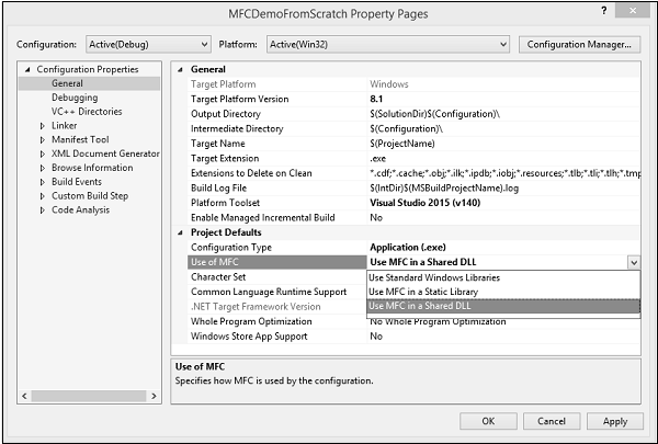 Select MFC Project & Properties