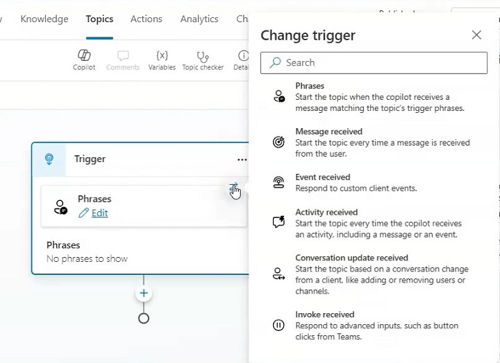 Change Trigger in Copilot Studio