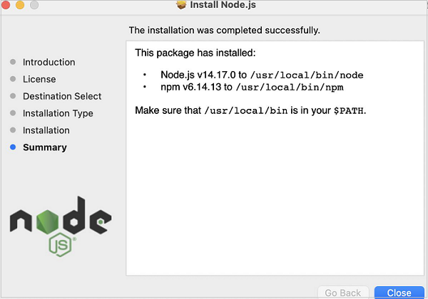 Success Message of Nodejs Installation