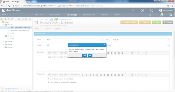 Test Case Delete Confirmation