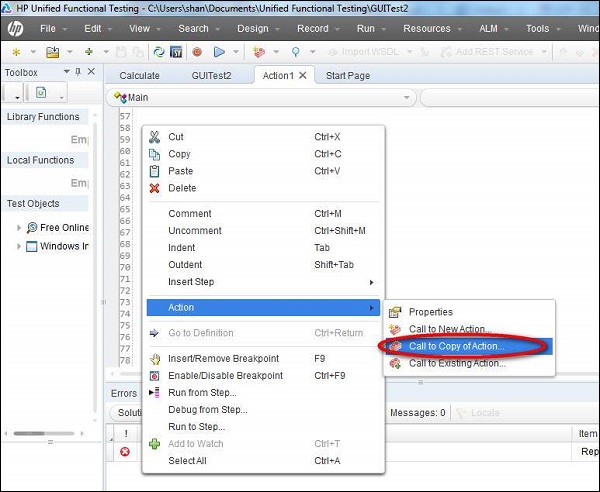 Inserting Call to Copy Action Step 1