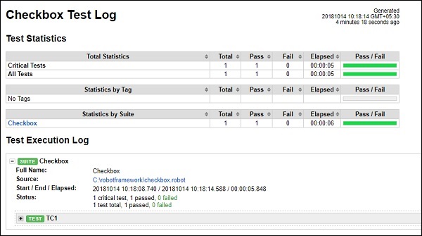 Checkbox test log