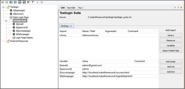 scalar variables for test suite