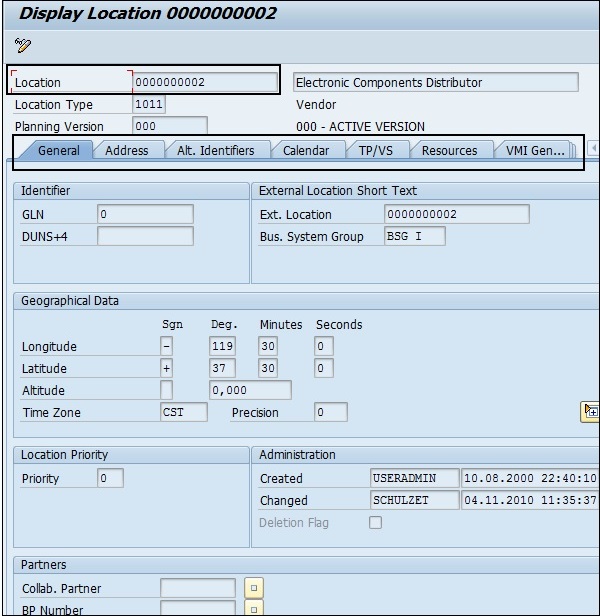 Master Data Location Tabs