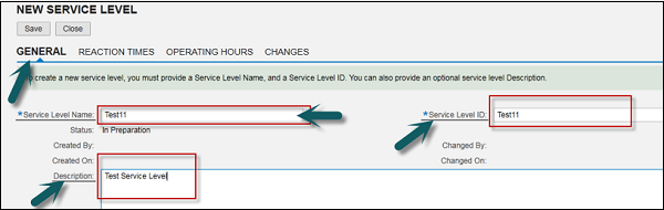 General Tab Service Level Name