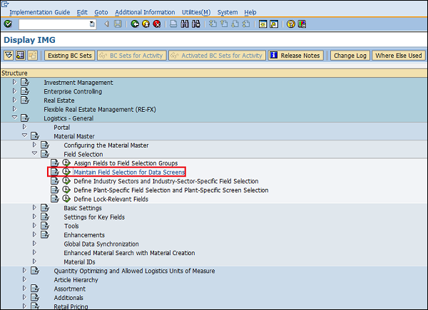 SAP Configuration field selection data screen